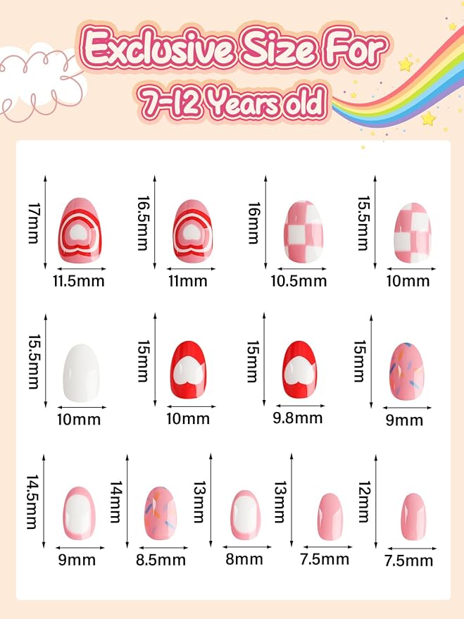 26 Pcs Kids Press on Nails Set, EBANKU Fake Nails for Girls 5-12 Years Pink Grid Heart False Nails with Nail Glue, Short Full Cover Press on Nails Tip for Child