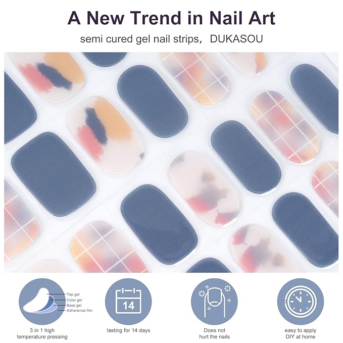 Semi Cured Gel Nail Strips,28 PCS Gel Nail Stickers Wraps(Street Color),UV Light/Led Lamp Required,Long Lasting UV Stickers Easy to Apply