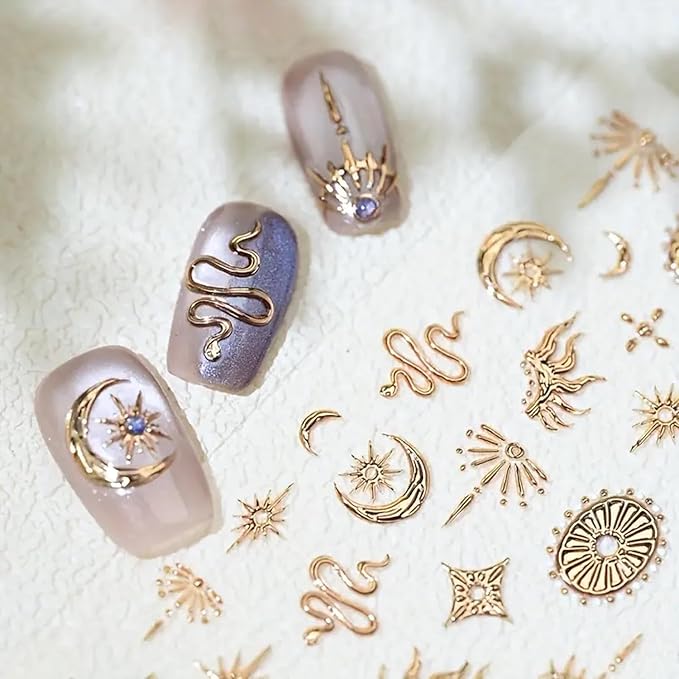 2 Sheets Gold Boho Nail Stickers for Nail Art Gold Star Moon Sun Snake Nail Decals 5D Embossed Nail Art Decals Self-Adhesive Stickers for DIY Nails Art Decoration