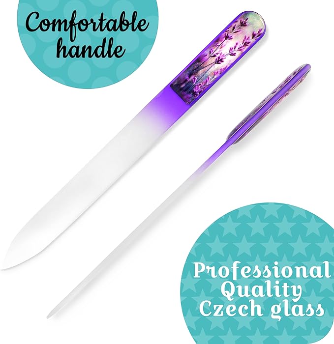 GLADZY 3D Czech Glass Nail File with Case – Crystal Nail File for Natural Nails, Double Sided Dual Grit Coarse & Smooth Etched Surface, Comfort 3D Grip Handle, Professional Manicure Tool, Made in EU