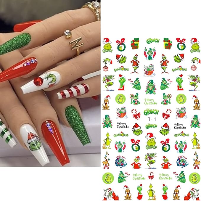 8 Sheets Christmas Nail Art Stickers - 3D Christmas Nail Decals with Xmas Tree, Santa Claus Designs - Holiday, Winter Nail Stickers for Women, Girls & Kids