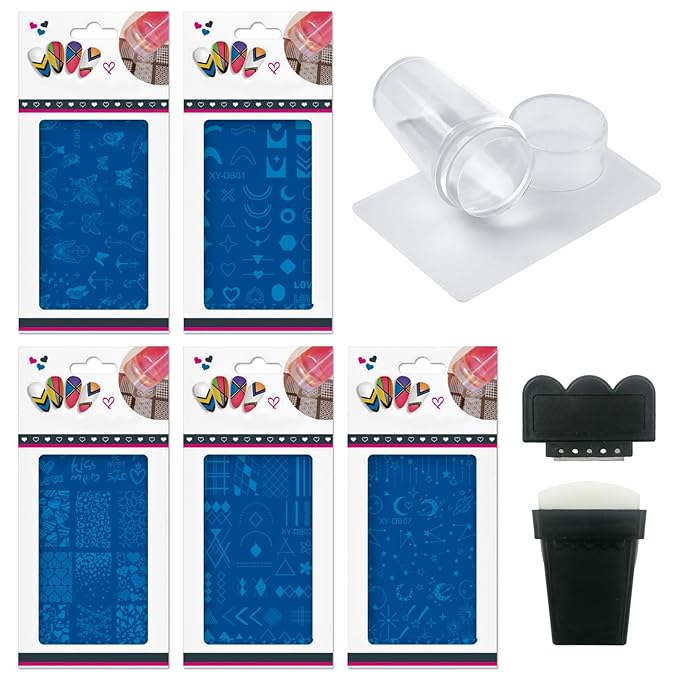 AddFavor Nail Stamping Plate Kit with Nail Stamp and Scraper, 5pcs Star Butterfly Geometric Nail Stamper Kit for Home Salon Manicure Polish Print Stencils Design Tools