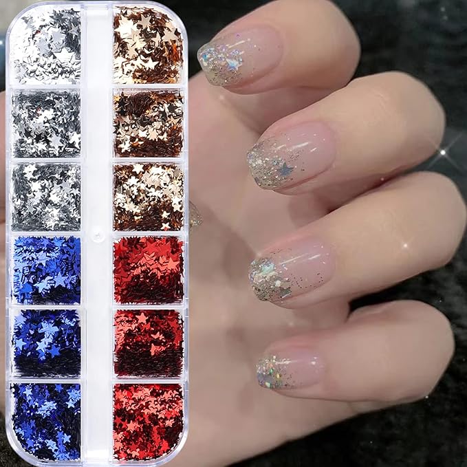 Independence Day Glitter Flakes 12 Grids Sequins Star Supplies Mixed Blue Red Crafts Charms Designs DIY USA Nail Art Decorations Accessories for Women Girl