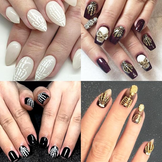 3 Sheets Embossed Halloween Nail Art Stickers Decals Gold Pink White Self-Adhesive Nail Stickers Design 5D Horror Bone Skull Hand Nail Decals for Women DIY Manicure Halloween Party Nails Decoration