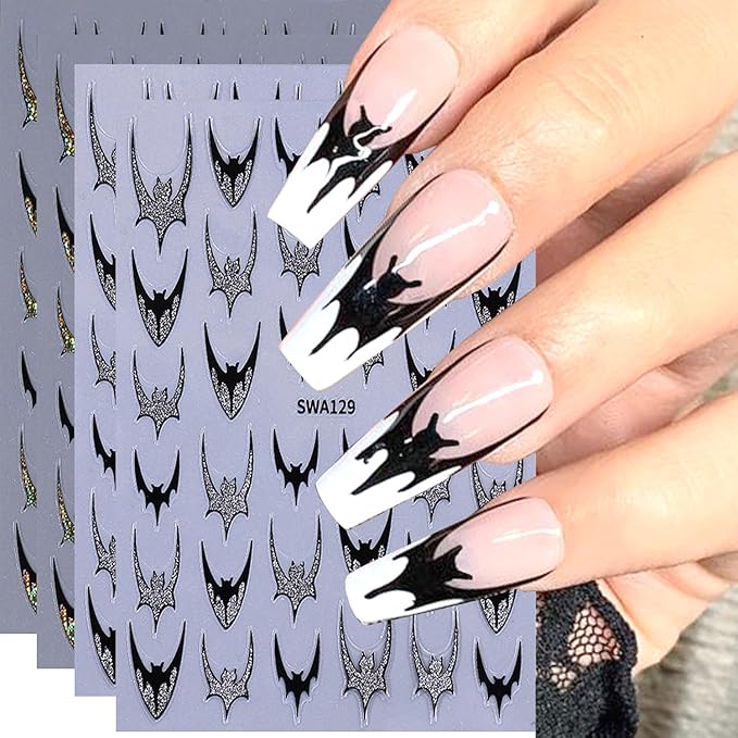 4pcs Halloween Bat Nails Art Stickers Glitter Holographic Gold Silver French Bat Design Adhesive Nail Decals Sliders Halloween French Sticker for Nails Supplies Accessories Y2K Manicure Decor