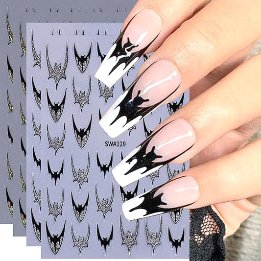 4pcs Halloween Bat Nails Art Stickers Glitter Holographic Gold Silver French Bat Design Adhesive Nail Decals Sliders Halloween French Sticker for Nails Supplies Accessories Y2K Manicure Decor