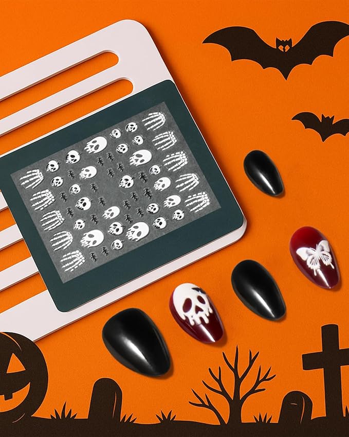Halloween Nail Decals – 5 Sheets Bratrico 5D Halloween Nail Stickers, Self-Adhesive with Skulls, Bones, Black Butterfly Spiders & Black Roses, Classic Halloween Manicure Set for Women, Girls & Teens