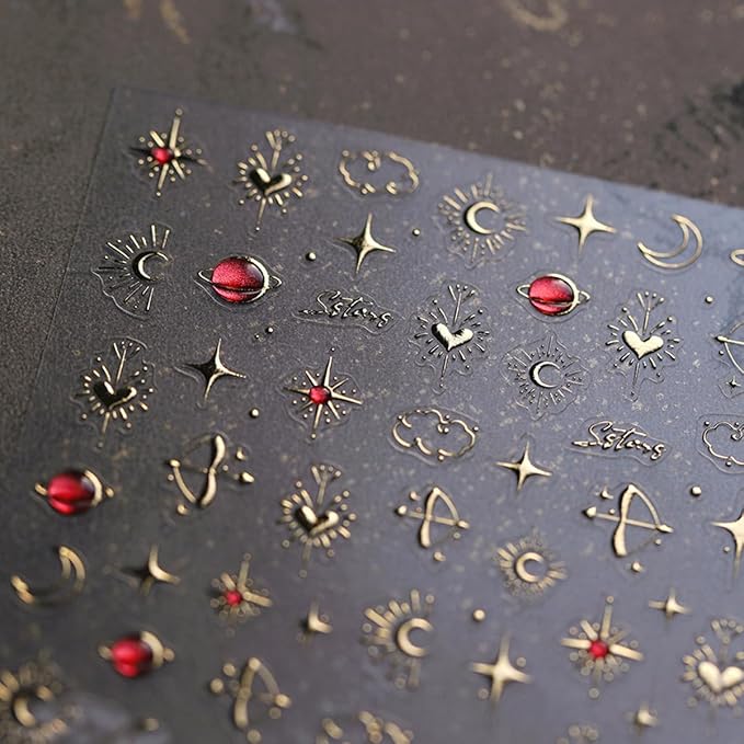 Star Moon Nail Art Stickers Golden 5D Embossed Jelly Nail Decals 1PCS Gold Bronzing Star Moon Planet Luxury Nails Design Self-Adhesive Manicure Slider Accessories for Women DIY Nail Art Decorations