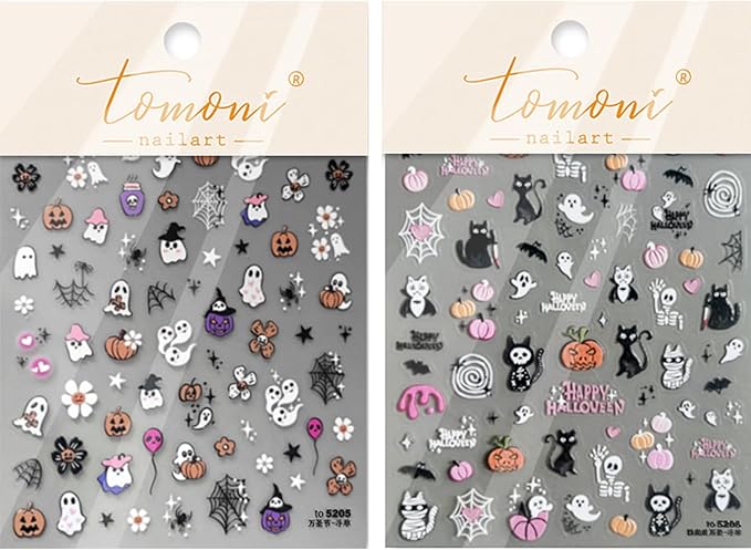 2Sheets Halloween Nail Art Stickers 5D Embossed Black Cat Skull Nail Decals Self-Adhesive Ghost Pumpkin Nail Stickers for Acrylic Nails Spider Web and Spider Nail Decal for Women Nails Decor Supplies