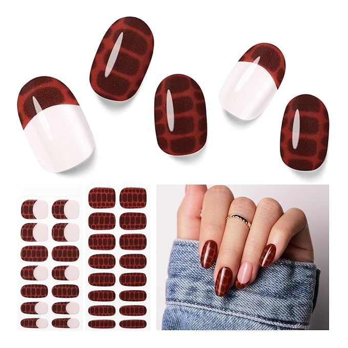 Semi Cured Gel Nail Strips - 30PCS Gel Nail Stickers for UV Light, Long-Lasting Gel Nail Wraps, Salon-Quality Semi Cured Nail Stickers, 2 Weeks Wear, Easy DIY Gel Manicure-Ebony Croc