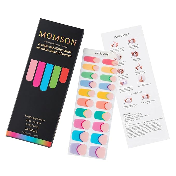 MOMSON Semi Cured Gel Nail Strips - 20 Real Gel Nail Polish Stickers/Full Nail Wraps - Art Manicure Kits for DIY at Home, Salon-Quality, Easy to Apply & Remove (Cute Macaron)