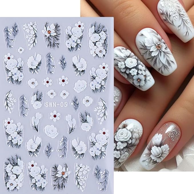 Flower Nail Art Stickers Decals 5D Embossed White Flowers Nail Decals 4PCS Floral Leaf Nails Design Adhesive Flower Stickers for Nails Manicure Accessories for Women Summer Fall Nail Art Decorations
