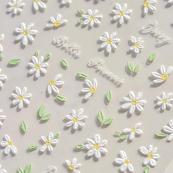Flower Nail Art Stickers 5D Embossed Self Adhesive Spring Summer Nail Stickers for Nail Art Cute White Daisy Nail Decals Flower Nail Design Decoration Accessories for Women and Girls