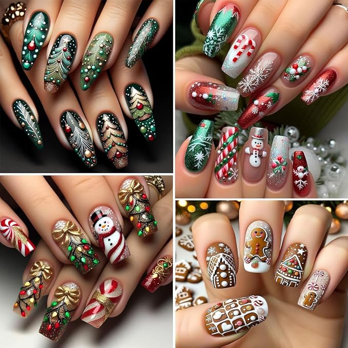 4pcs Christmas Light Strips Nail Art Stickers 5D Embossed Nail Decals Green Christmas Tree & Cute Gingerbread Man Design Xmas Nail Sticker DIY Santa Claus Snowflake Elk Snowman Manicure Decoration