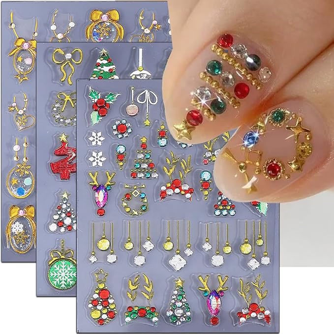Christmas Nail Stickers 5D Bow Christmas Tree Lantern Ball Nail Art Stickers Winter Embossed Nail Decals Self-Adhesive Xmas Heart Elk Design Sticker Holiday Nail Art Decoration for Women Manicure 3Pcs