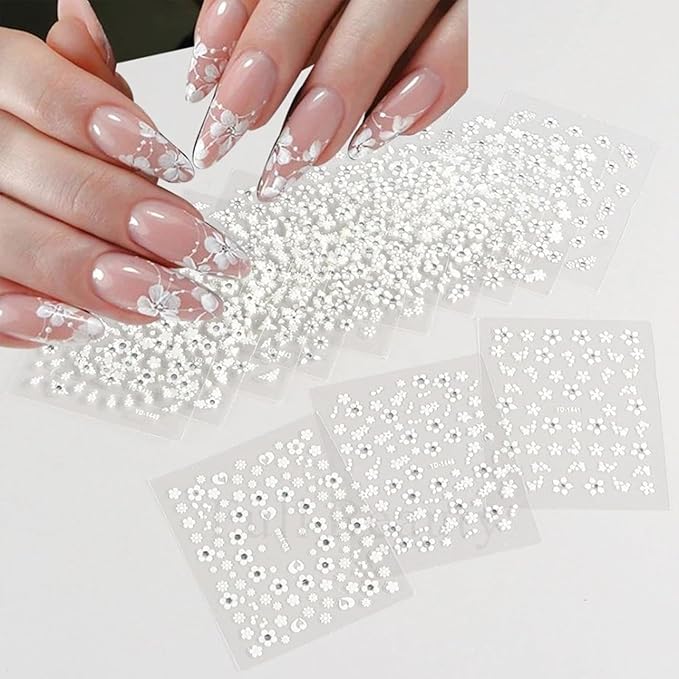 30 Sheets White Flower Nail Art Stickers with Rhinestones Designs - 3D Self Adhesive Nail Decals for Women & Girls
