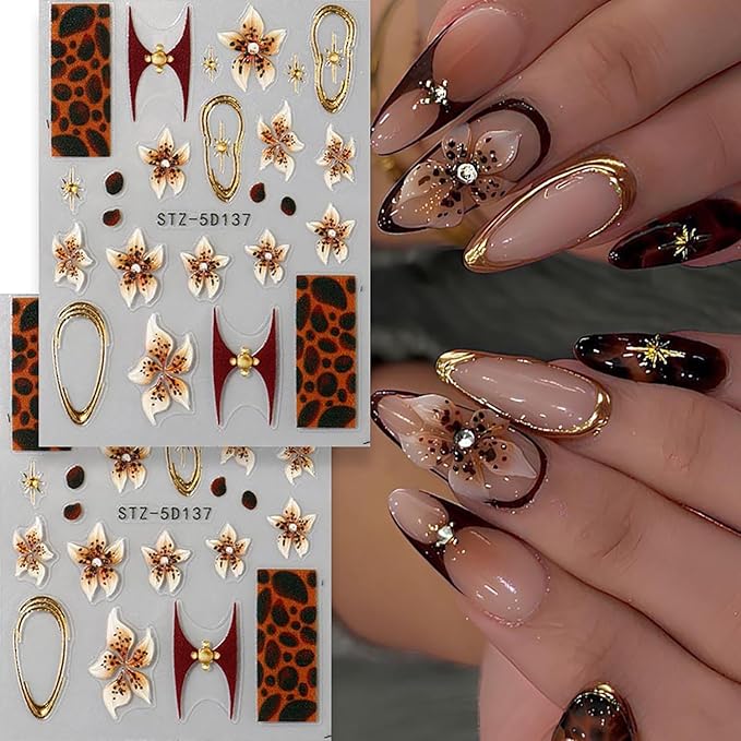 Fall Nail Stickers Flowers Nail Decals 5D Self-Adhesive Embossed Flower French Tip Design Nail Art Sticker Autumn Holiday Manicure DIY Acrylic Decoration for Women Party Nails
