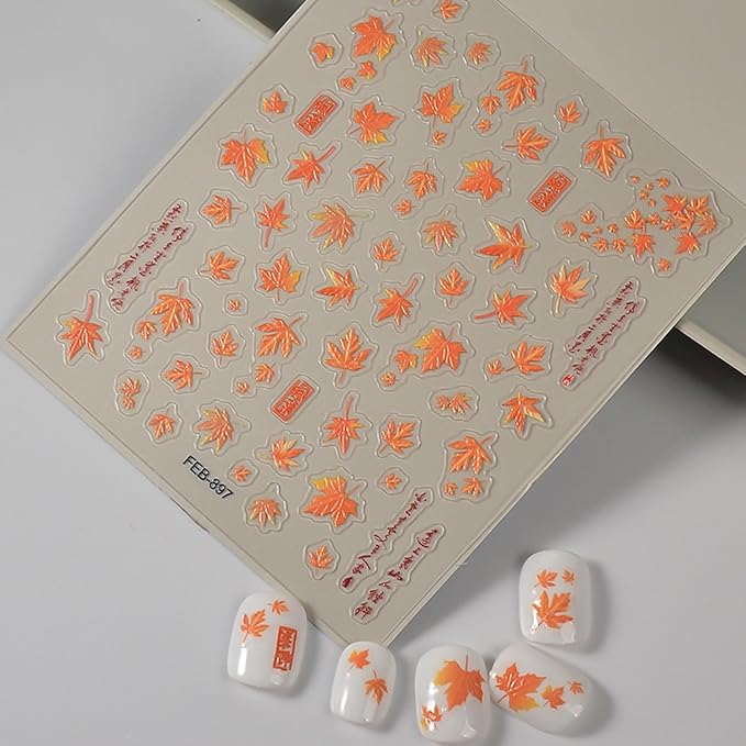 Fall Nail Stickers 5D Embossed Nail Decals Maple Leaf Nail Art Stickers Self-Adhesive Nail Design Thanksgiving Manicure Decoration for Women