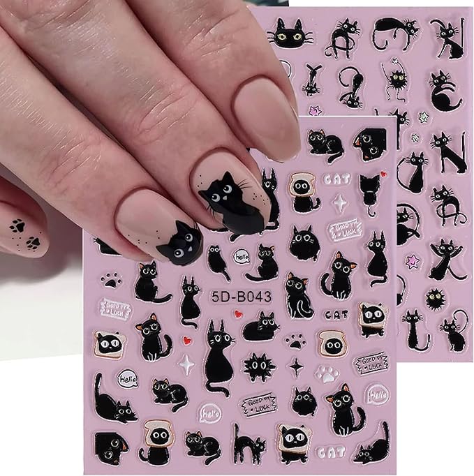 2Pcs Halloween Nail Stickers Blcak Cat Decals for Nail Art Scare Cat Nail Art Deign 5D Embossed Funny Cute Cats Nails Supplies Cat's Paw Nails Acrylic Accessories for Women DIY Manicure Decorations