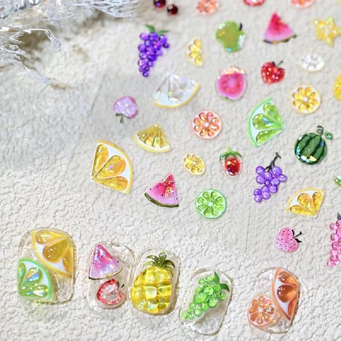 1 Sheets Summer Fruit Nail Art Stickers 5D Self-Adhesive Jelly Embossed Watermelon Grape Grapefruit Nail Decals Cute Pineapple Strawberry Cherry Nail Stickers for Women Girls Nails Decoration