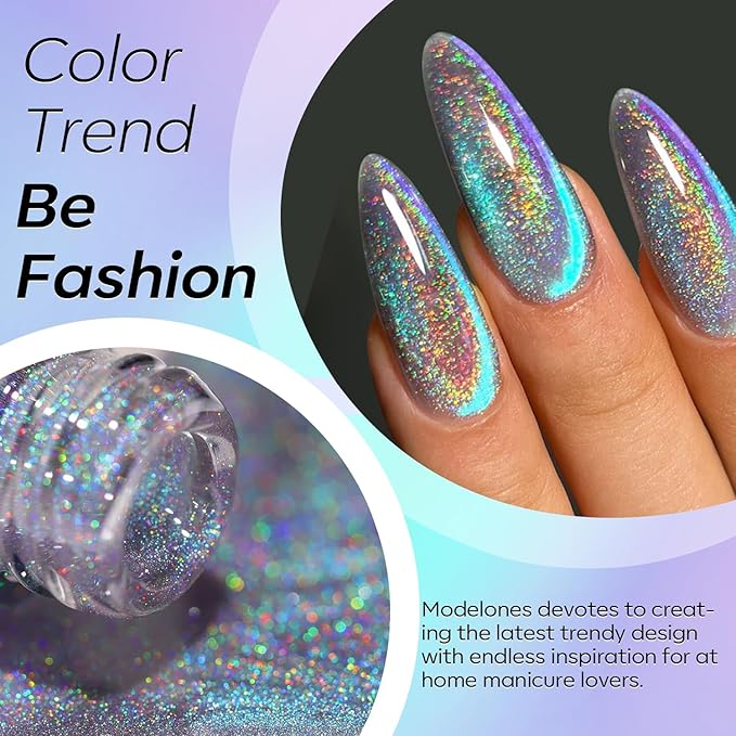 modelones 9D Magnetic Cat Eye Gel Nail Polish, 15 ML Glitter Holographic Glass Rainbow Gel Polish Blue Purple Shimmer Reflective Iridescent Soak Off U V LED Summer Nails Top Coat for Women Girl