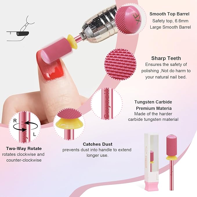 3/32" Large Barrel Smooth Round Top Tungsten Carbide Nail Drill Bit Safety Bit for Gel & Acrylic Removal, 2-Way Rotating Efile Tip, Salon Electric File Accessory (XF Grit, Rose Red)