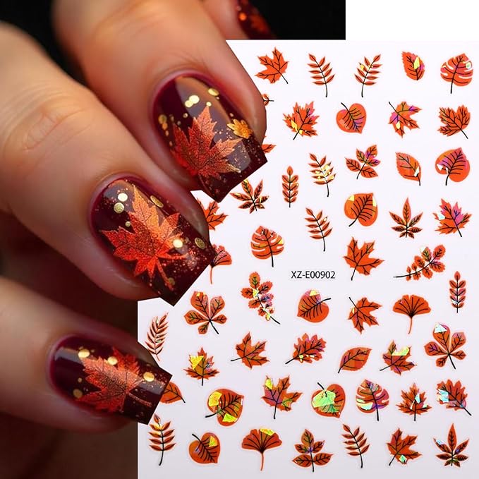 Autumn Nail Art Stickers Maple Leaf Nail Decals Fall Leaves Nail Stickers for Nails Art Mixed Leaf Red Yellow Orange Nut Wheat Design Thanksgiving Nail Sticker for Women DIY Manicure Decor 12 Sheets