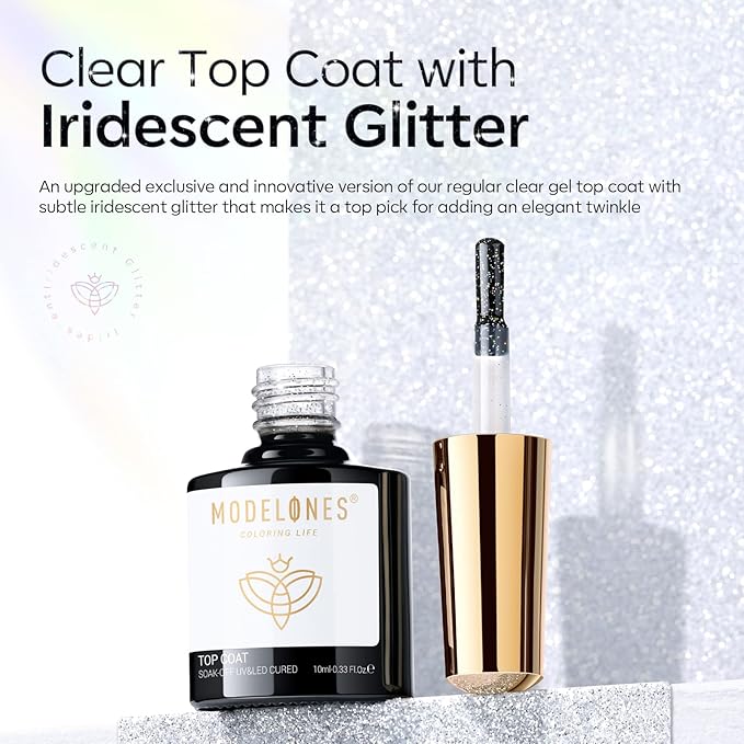 modelones Glitter Gel Top Coat, Iridescent Silver Mix Glitter Gel Polish No Wipe Top Coat Glossy Sparkly Finish Long Lasting Soak Off Rainbow Shimmer Nail Polish Nail Art Gift, 10ml