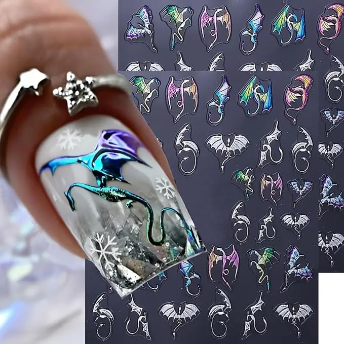 Halloween Bat Nail Art Stickers 5D Embossed Colorful Silver Bats Dragon Nail Decals Self-Adhesive Laser Gothic Dragons Nail Designs Manicure Sliders Halloween Nail Supplies for Women Nail Decor, 2PCS