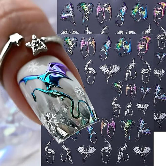 Halloween Bat Nail Art Stickers 5D Embossed Colorful Silver Bats Dragon Nail Decals Self-Adhesive Laser Gothic Dragons Nail Designs Manicure Sliders Halloween Nail Supplies for Women Nail Decor, 2PCS