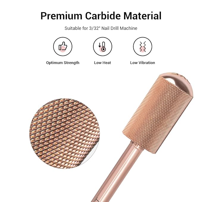 MelodySusie Safety Nail Drill Bits, 3/32'' Smooth Round Top Large Barrel Carbide Bits, Suitable for Manicure Pedicure Cuticle Gel Polishing, Beginners Bits, Rose Gold, Series Bit-S, Double Fine