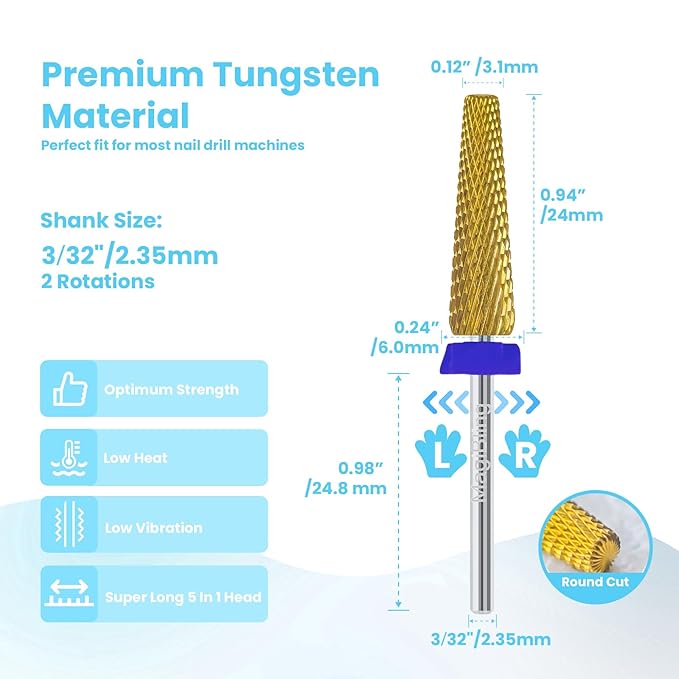 24mm Super Long 5 in 1 Nail Drill Bits, Professional 3/32'' Tungsten Carbide Bits, Fast Gel Removal for Long Acrylic Nails, Left Right Hand Use, Manicure Cuticle Hard Gel Polishing, Medium