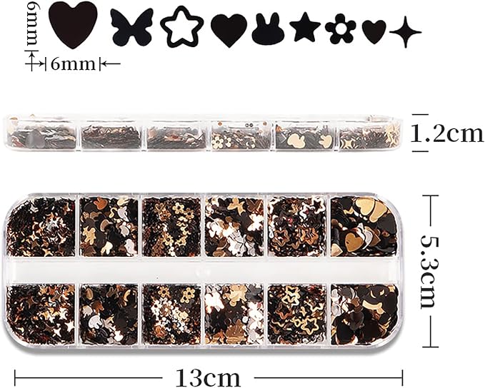 Holographic Nail Art Glitter Sequins, 3D Gold Black Glitter Flakes Nail Art Designs, Love Heart Butterfly Star Floral Acrylic Nails Supplies for Women Girls Manicure Decorations DIY Shiny Nails Crafts