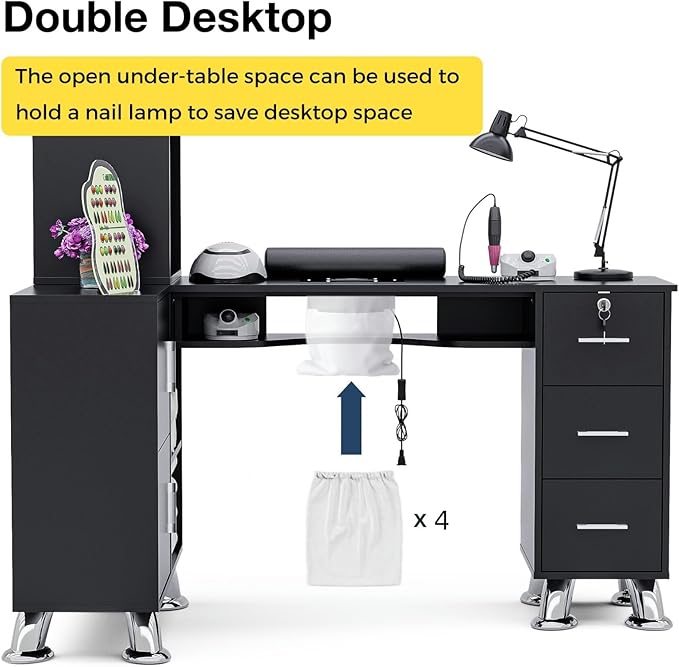 Manicure Table Nail Station w/Dust Collector - L-Shaped Nail Tech Table with Shelves, Storage Cabinets, Drawers, Metal Handles & Legs, Salon Wrist Rest, Beauty Salon Workstation Decor (Black)