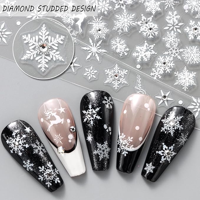 Rhinestone Studded Snowflake Nail Stickers, Christmas Self-Adhesive Crystal Diamond 3D Glitter Nail Art Design for DIY Manicure Winter Xmas DIY Nail Decals Decorations f (4 Sheets)