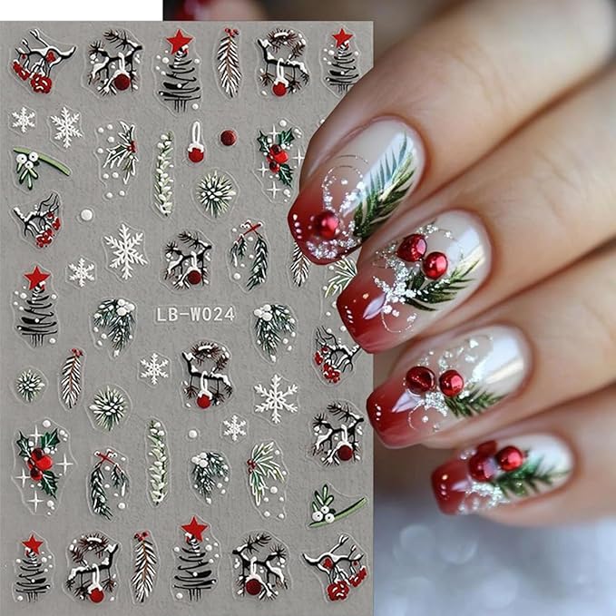 4 Sheets Christmas Nail Stickers 5D Embossed Holly Leaf Nail Decals Christmas Tree Pine Leaves Snowflake Design Self Adhesive Nail Supplies Winter Xmas Nail Art Stickers for Women DIY Nail Decoration