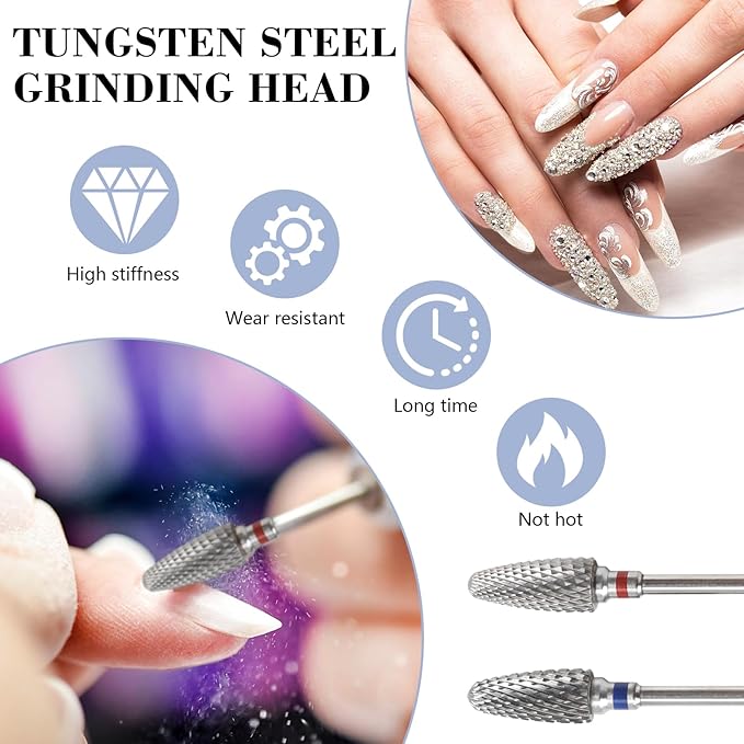 3/32" 5 in 1 Professional Carbide Nail Drill Bits Sets, 2 Pack Tungsten Safety Drill Bits Tech, Cuticle Bit Fast Remove for Manicurist Nail Salon Manicure Pedicure Gel Polishing (Round Head)