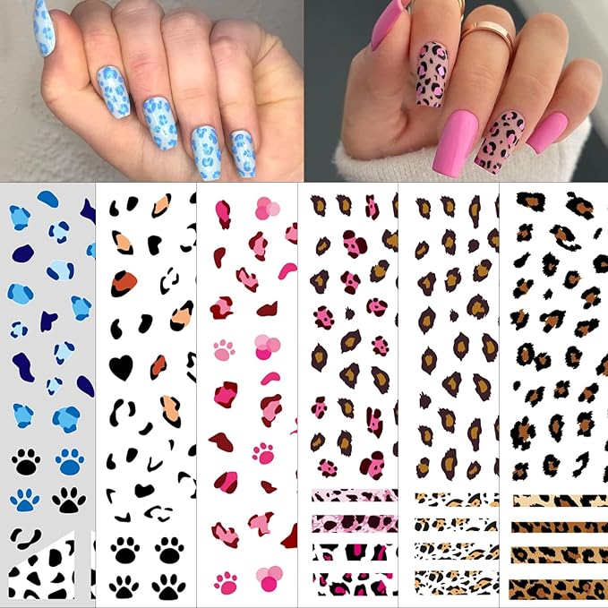 6 Sheets French Leopard Nail Stickers 3D Self-Adhesive Pink Brown Leopard Nail Designs Colorful Animals Suitable for Women Girls DIY