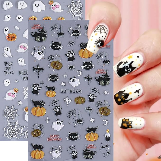 2Sheets Halloween Nail Art Stickers 5D Embossed Black Cat Spider Nail Decals for Acrylic Nails Self-Adhesive Cute Ghost Pumpkin Designs Nail Sticker Spider Web Skull Nail Decal for Women Nails Decor
