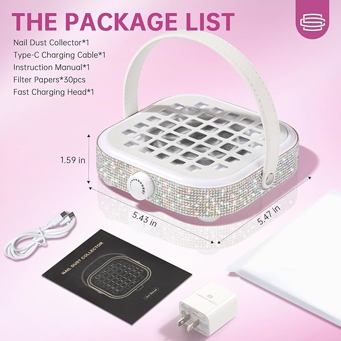Nail Dust Collector, Mini Bling Crystal Diamond Compact 6000RPM Powerful Vacuum Fan Vent Dust Collector Extractor Dust Suction Machine for Acrylic Nails Polishing, Fast Charging