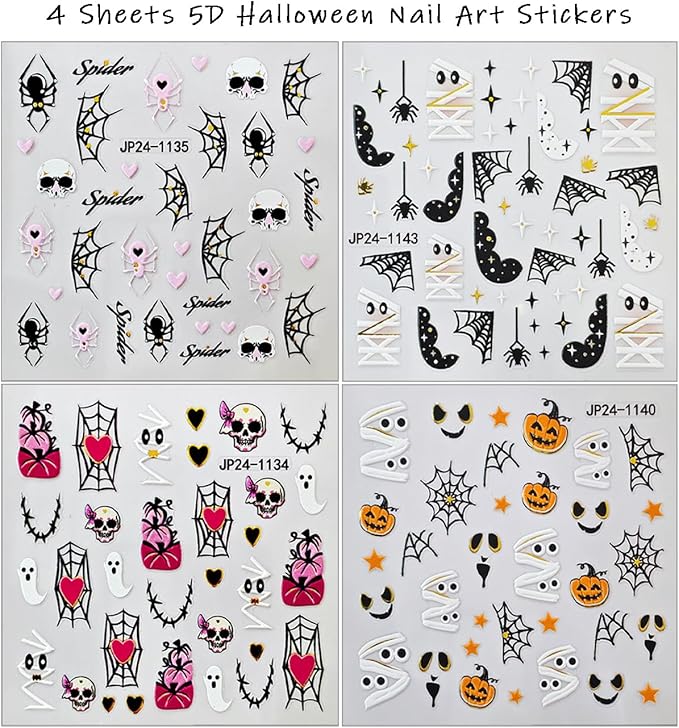 4 Sheets Halloween Nail Stickers 5D Embossed Self-Adhesive Mummy Nail Decals Cute Ghost Pumpkin Spider Web Skull Nails Design Stickers Halloween Nails Art Supplies for Women Holiday DIY Manicure Decor