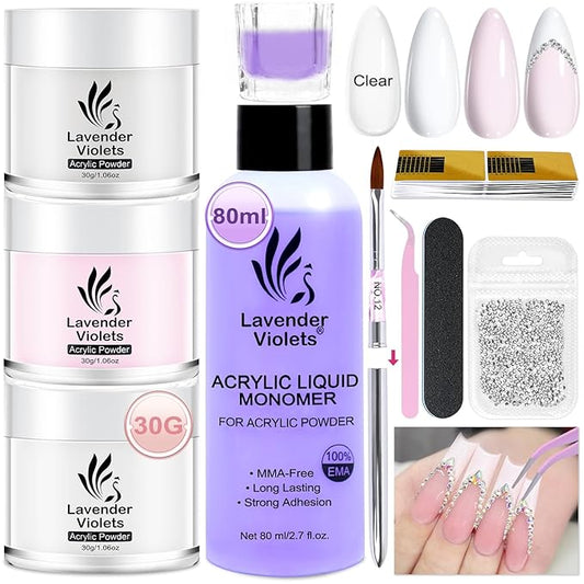 LAVENDER VIOLETS Acrylic Nail Kit for Beginners - 30g Clear White Pink Powder and 80ml Acrylic Liquid Set with Brush, Nail Forms, and Tools Professional Nail Set for Home DIY N301
