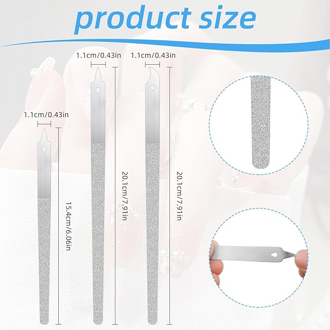 3PCS Diamond Dust Nail File, Fingernail Files with Pointed Tip, Fingernail Files with Pointed Tip/Nail Dresser for Manicure, Double Side Fingernail Toenail Files, Stainless Steel Nail Filer (2 Size)