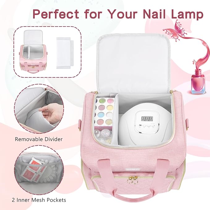 Nail Polish Organizer Holds 80 Bottles and a Nail Lamp,Nail Polish Carrying Case with 2 Removable Bags,Nail Organizers and Storage for Nail Tech,Portable Nail Polish Holder for Nail Supplies,Pink