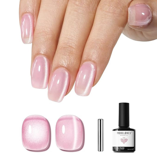 modelones Pink Cat Eye Gel Polish, 15 ML Glitter Holographic Jelly Glass Cat Eye Summer Light Rose Funny Bunny Color Shimmer Reflective Translucent U v Gel Magnetic Nail Polish Top Coat for Women Girl