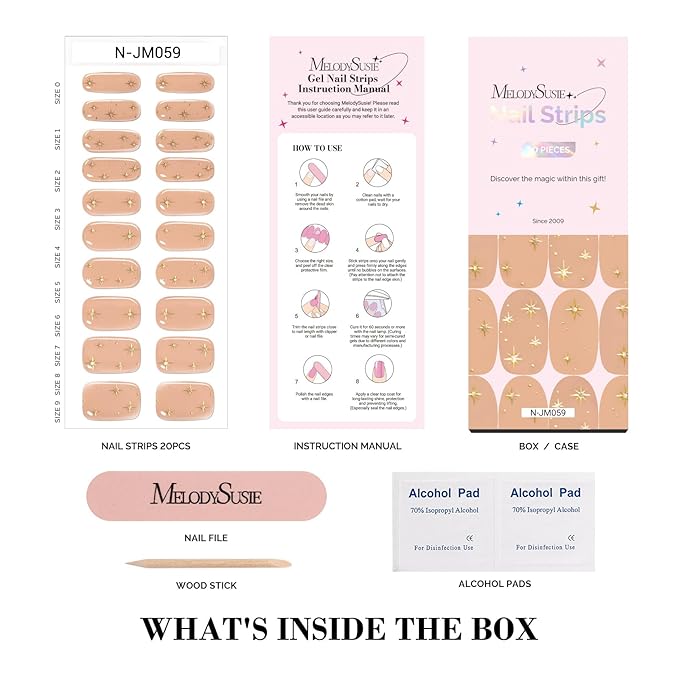 MelodySusie Semi Cured Gel Nail Strips (Nude Jelly Stars), Works with Nail Lamp, Salon Quality, Long Lasting, Easy to Apply and Remove, Includes 20Pcs, 2 Prep Pads, Nail File and Wooden Stick