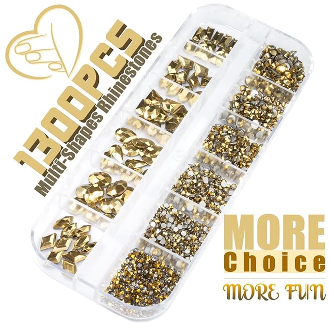 2052Pcs Mine Gold Nail Rhinestones 72 Multi Shapes Flatback metallic golden Rhinestones Gems +1980 Round Beads K9 Glass Nail Stones Diamonds Nail Art Supplies for Nails Faces Eyes Makeup Crafts
