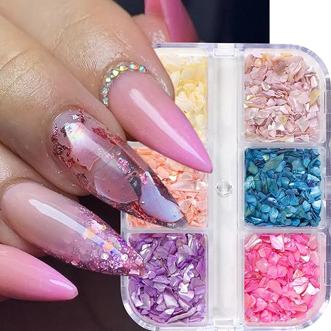6 Grid Colorful Shell Glitter Sequins Nail Accessories Mix 6 Colors Manicure Shell Nail Art Glitter Flakes 3D Nails Supplies Jewelry Studs Nail Decoration Kit Suitable for Women Sparkly Acrylivc Nail