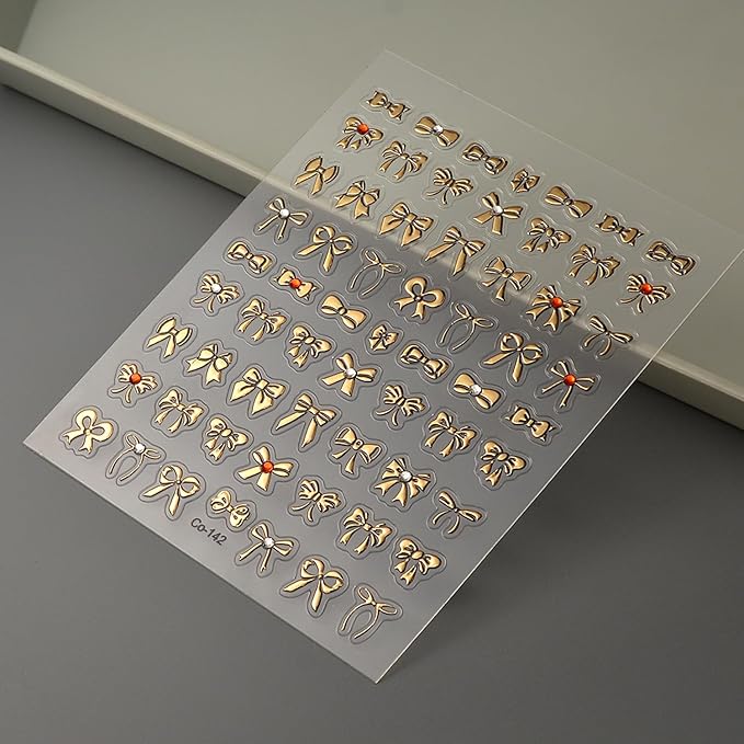 Metallic Bow Nail Art Stickers, 5D Embossed Nail Decals Gold Rhinestones Charm Design Ribbon Bows Nail Art Supplies Cute Stickers for Women DIY Manicure Decoration Accessories