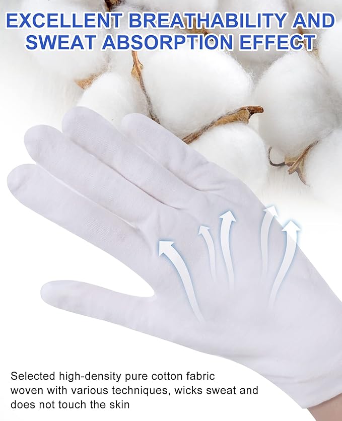 12 Pairs of White Cotton Gloves-Breathable and Comfortable Eczema Gloves, Moisturizing Spa Gloves，Jewelry Inspection Gloves，Suitable for Housework, Driving, Archives, Artwork Processing